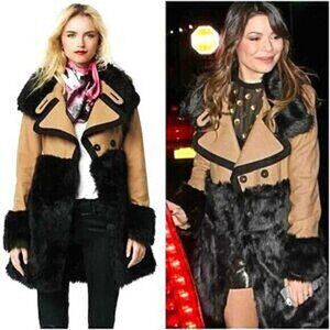 💥SHOWSTOPPER!💥Juicy Couture Italian Wool & Fur Belted Coat in Camel & Black